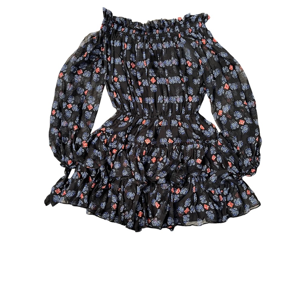 CAROLINE CONSTAS Lou‎ Black Off Shoulder Tiered Ruffle Silk Mini Dress Size S